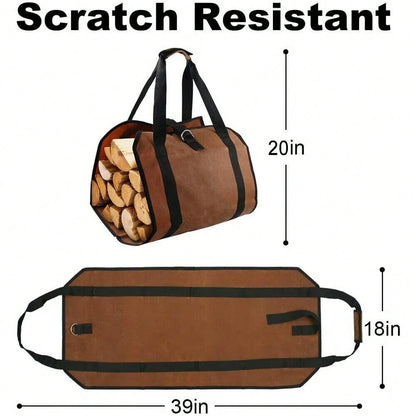Log Carrier Bag, Durable Wood Tote With Handles, Heavy Duty Log Carrier For Firewood, Firewood Bag For Indoor Outdoor, Camping Trip Christmas Gift, Brown