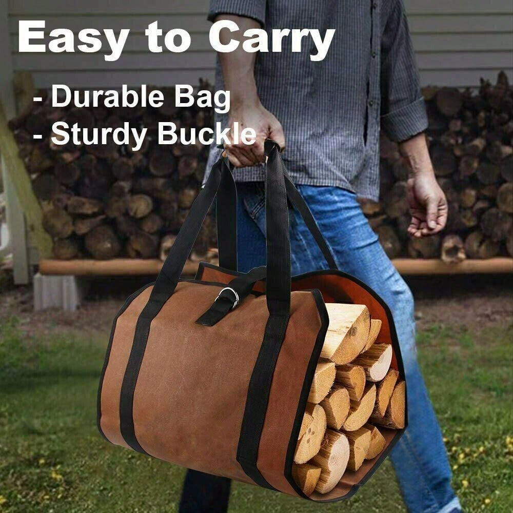 Log Carrier Bag, Durable Wood Tote With Handles, Heavy Duty Log Carrier For Firewood, Firewood Bag For Indoor Outdoor, Camping Trip Christmas Gift, Brown