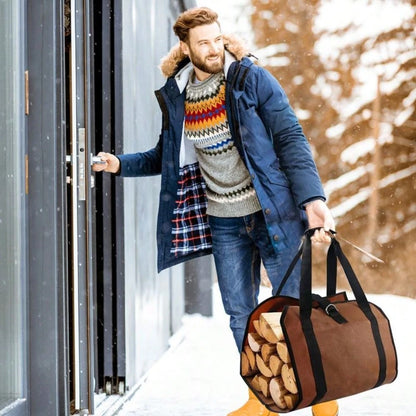Log Carrier Bag, Durable Wood Tote With Handles, Heavy Duty Log Carrier For Firewood, Firewood Bag For Indoor Outdoor, Camping Trip Christmas Gift, Brown