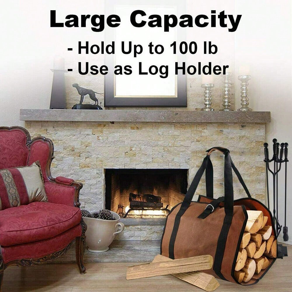 Log Carrier Bag, Durable Wood Tote With Handles, Heavy Duty Log Carrier For Firewood, Firewood Bag For Indoor Outdoor, Camping Trip Christmas Gift, Brown