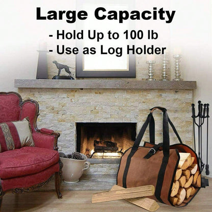 Log Carrier Bag, Durable Wood Tote With Handles, Heavy Duty Log Carrier For Firewood, Firewood Bag For Indoor Outdoor, Camping Trip Christmas Gift, Brown