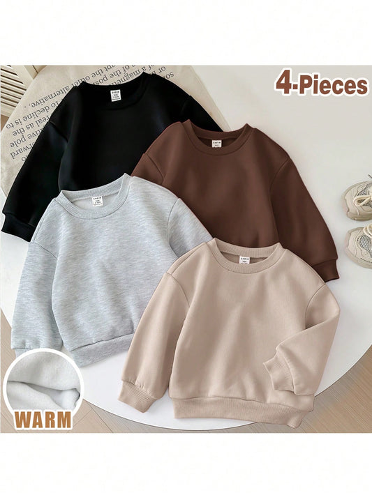 Loomiva 4pcs/Set Cute Solid Color Thermal Lined Long Sleeve Sweatshirt, Versatile For Baby Girls, Autumn & Winter