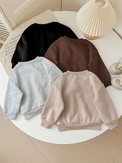 Loomiva 4pcs/Set Cute Solid Color Thermal Lined Long Sleeve Sweatshirt, Versatile For Baby Girls, Autumn & Winter