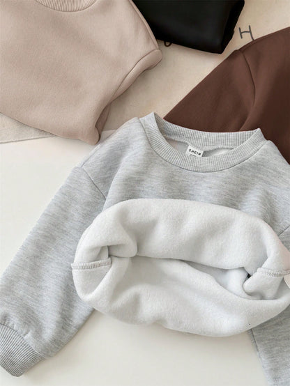 Loomiva 4pcs/Set Cute Solid Color Thermal Lined Long Sleeve Sweatshirt, Versatile For Baby Girls, Autumn & Winter