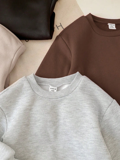 Loomiva 4pcs/Set Cute Solid Color Thermal Lined Long Sleeve Sweatshirt, Versatile For Baby Girls, Autumn & Winter