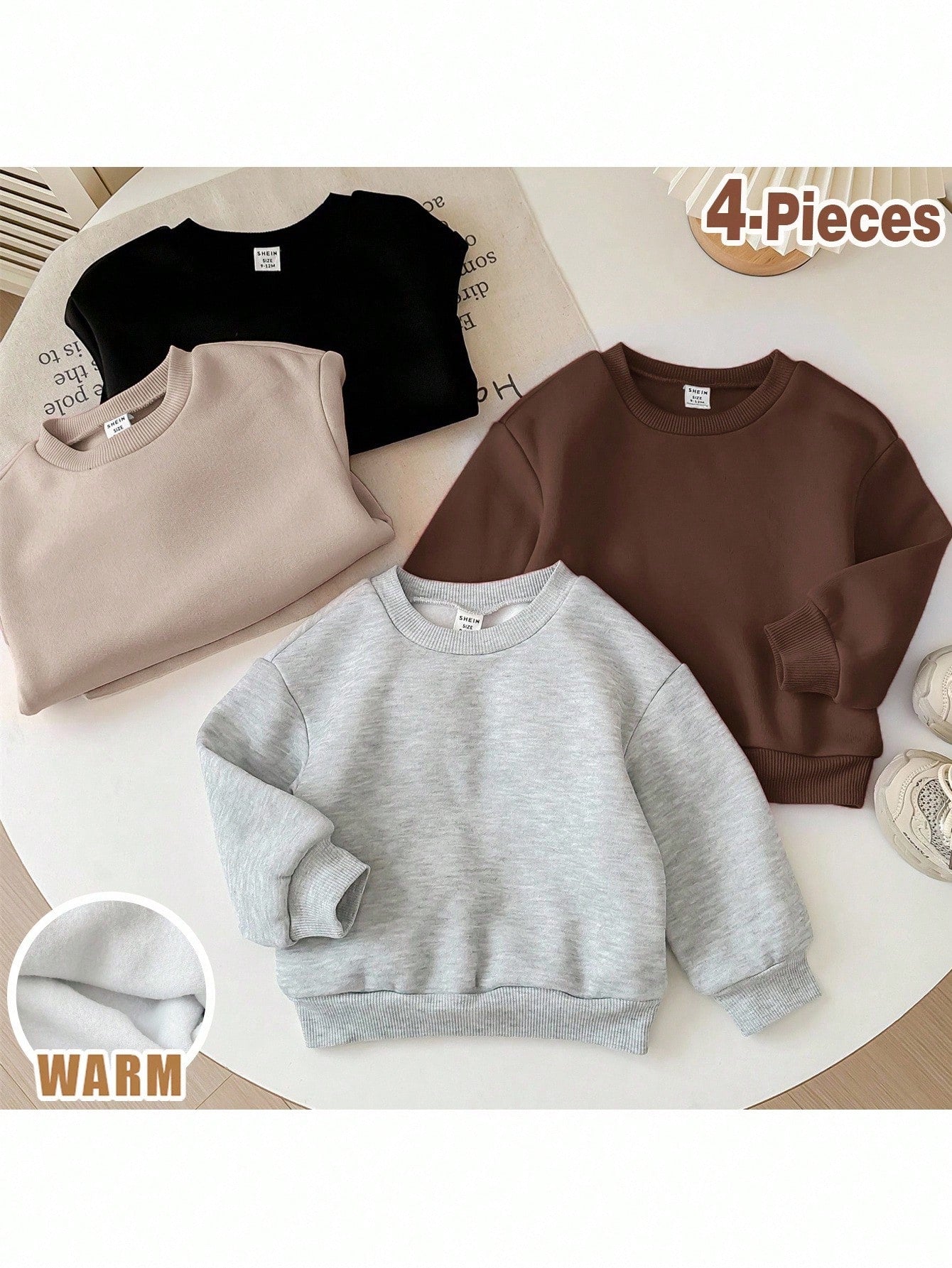 Loomiva 4pcs/Set Cute Solid Color Thermal Lined Long Sleeve Sweatshirt, Versatile For Baby Girls, Autumn & Winter