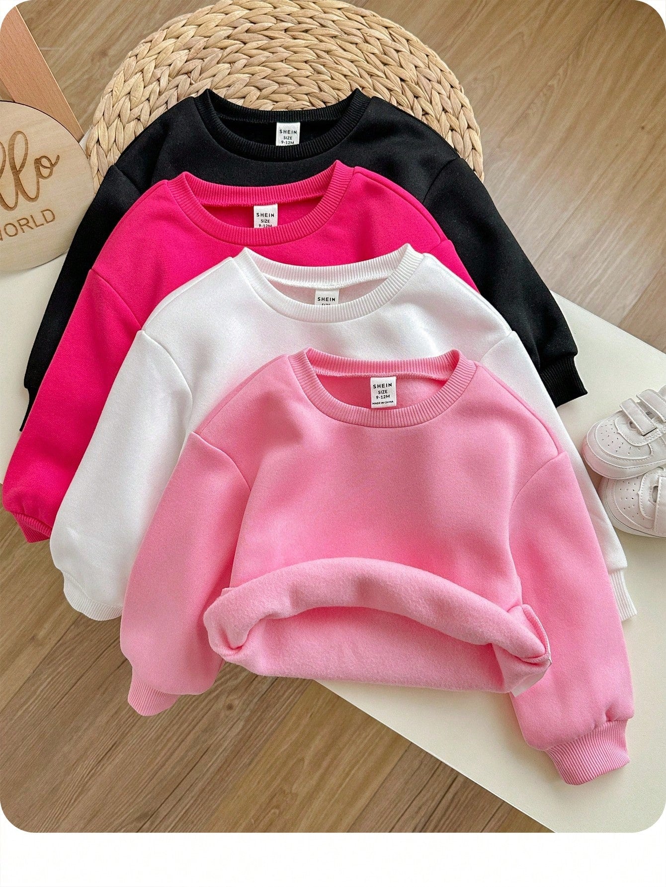Loomiva 4pcs/Set Cute Solid Color Thermal Lined Long Sleeve Sweatshirt, Versatile For Baby Girls, Autumn & Winter