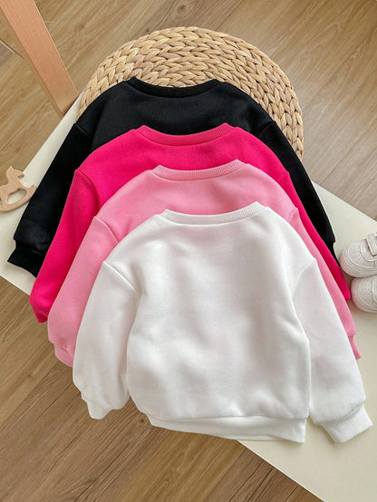 Loomiva 4pcs/Set Cute Solid Color Thermal Lined Long Sleeve Sweatshirt, Versatile For Baby Girls, Autumn & Winter