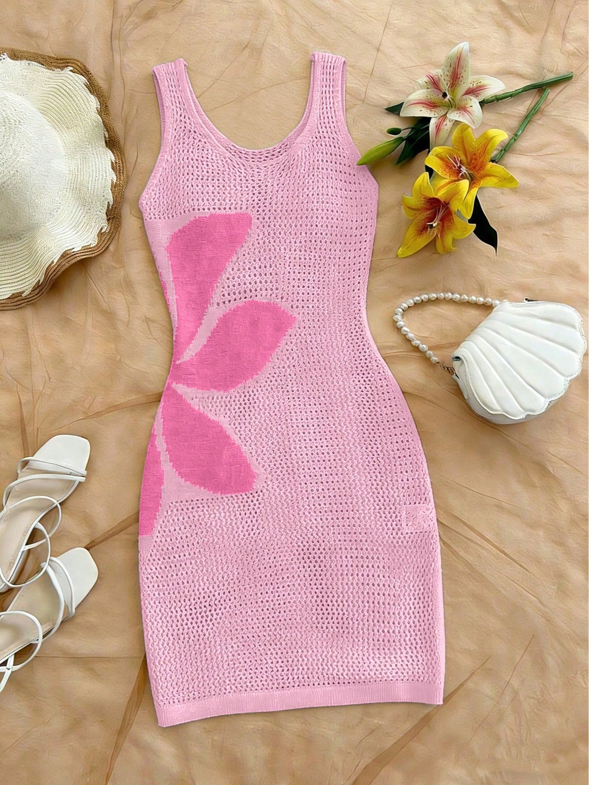 Loose Version Summer Women's Swimsuit, Crochet Hollow-Out Floral Beach Cover-Up Slit Elegant Dress, Women's Swimwear/Summer Clothing/Dress, Valentine's Day/Women's Swimsuit/Beach Outfit/Women's Resort