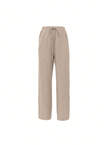 Louniche Women's Casual Side Lace Solid Denim Effect Long Pants Fall Cloth For Women