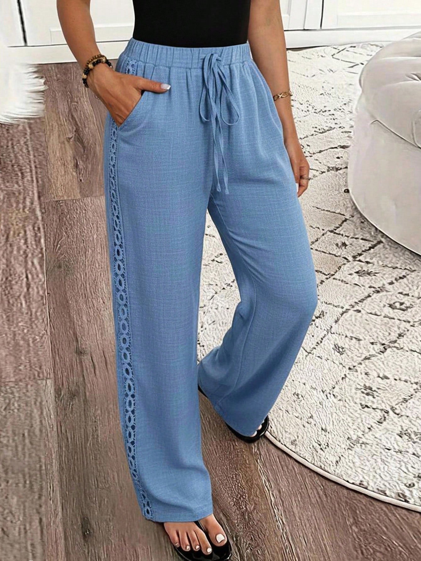 Louniche Women's Casual Side Lace Solid Denim Effect Long Pants Fall Cloth For Women