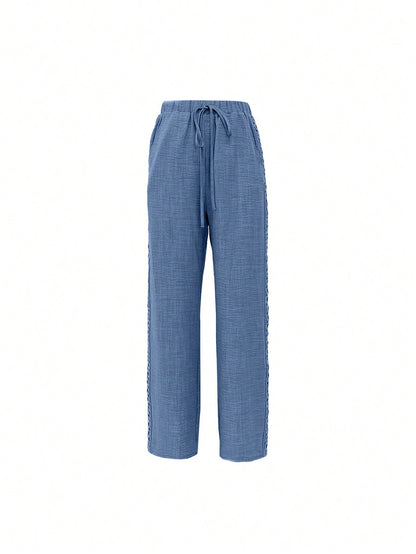 Louniche Women's Casual Side Lace Solid Denim Effect Long Pants Fall Cloth For Women