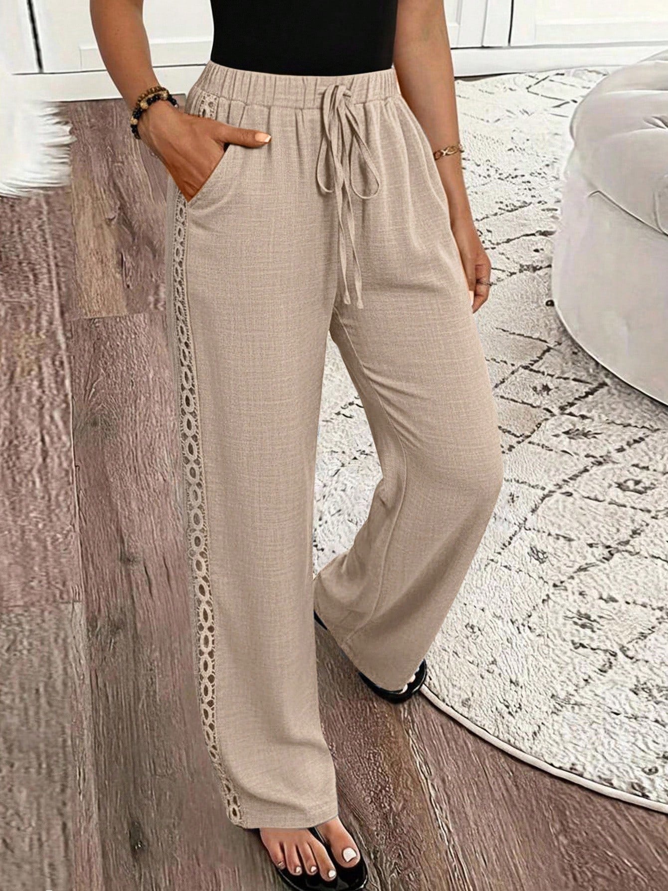 Louniche Women's Casual Side Lace Solid Denim Effect Long Pants Fall Cloth For Women