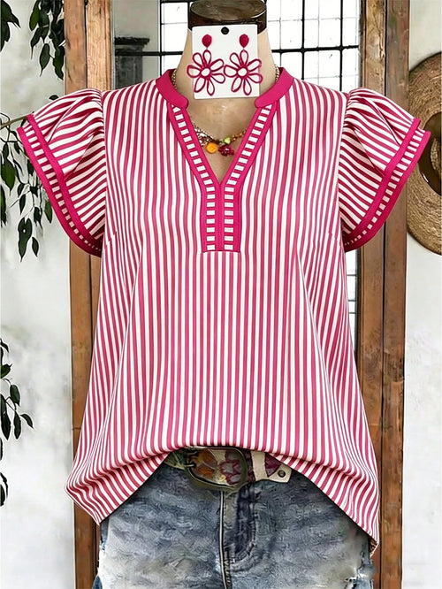 Louniche Women's Casual Striped V-Neck Top, Brown And White Color Block, Short Puff Sleeve With Contrast Trim, Loose Fit Everyday Blouse For Women, Women's Summer Top, Women's Office Top