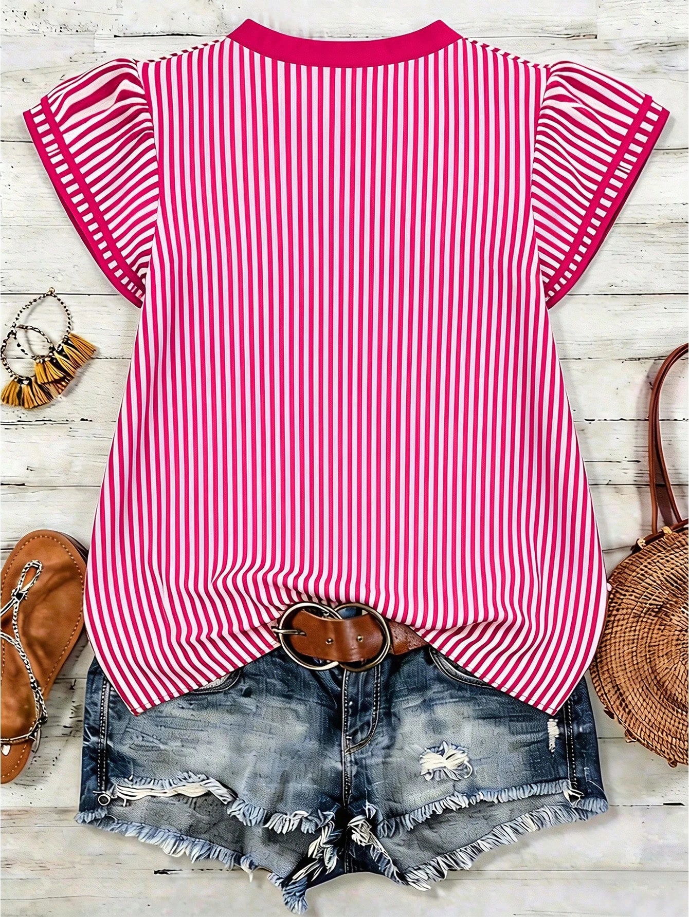 Louniche Women's Casual Striped V-Neck Top, Brown And White Color Block, Short Puff Sleeve With Contrast Trim, Loose Fit Everyday Blouse For Women, Women's Summer Top, Women's Office Top