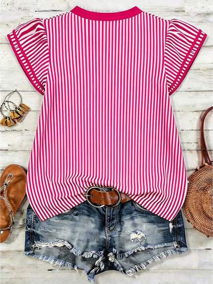 Louniche Women's Casual Striped V-Neck Top, Brown And White Color Block, Short Puff Sleeve With Contrast Trim, Loose Fit Everyday Blouse For Women, Women's Summer Top, Women's Office Top