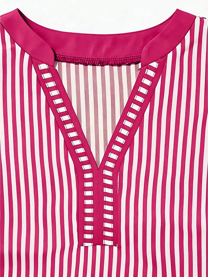 Louniche Women's Casual Striped V-Neck Top, Brown And White Color Block, Short Puff Sleeve With Contrast Trim, Loose Fit Everyday Blouse For Women, Women's Summer Top, Women's Office Top