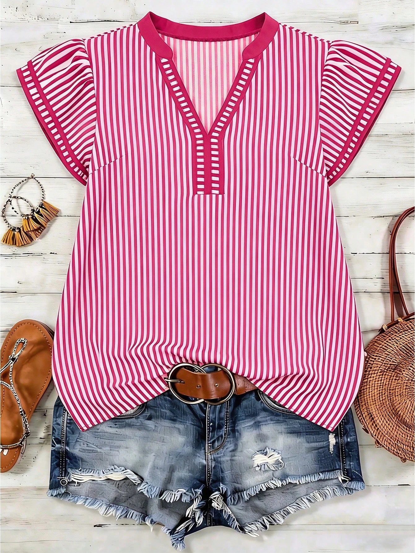 Louniche Women's Casual Striped V-Neck Top, Brown And White Color Block, Short Puff Sleeve With Contrast Trim, Loose Fit Everyday Blouse For Women, Women's Summer Top, Women's Office Top
