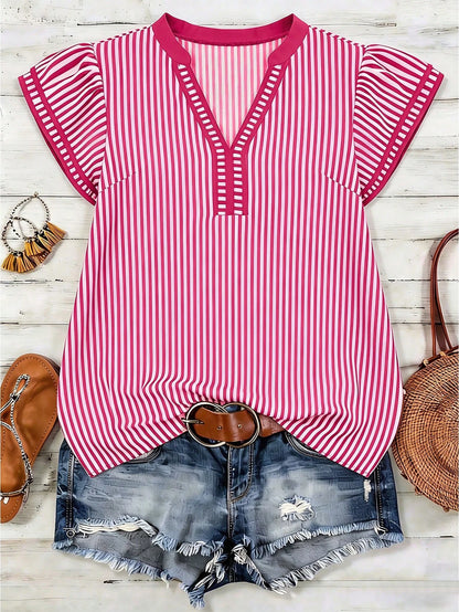 Louniche Women's Casual Striped V-Neck Top, Brown And White Color Block, Short Puff Sleeve With Contrast Trim, Loose Fit Everyday Blouse For Women, Women's Summer Top, Women's Office Top