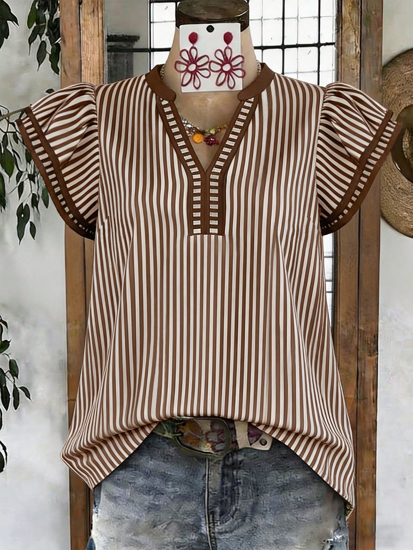 Louniche Women's Casual Striped V-Neck Top, Brown And White Color Block, Short Puff Sleeve With Contrast Trim, Loose Fit Everyday Blouse For Women, Women's Summer Top, Women's Office Top