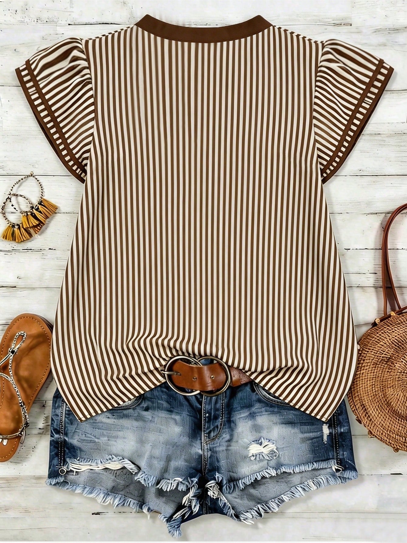 Louniche Women's Casual Striped V-Neck Top, Brown And White Color Block, Short Puff Sleeve With Contrast Trim, Loose Fit Everyday Blouse For Women, Women's Summer Top, Women's Office Top