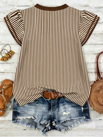Louniche Women's Casual Striped V-Neck Top, Brown And White Color Block, Short Puff Sleeve With Contrast Trim, Loose Fit Everyday Blouse For Women, Women's Summer Top, Women's Office Top