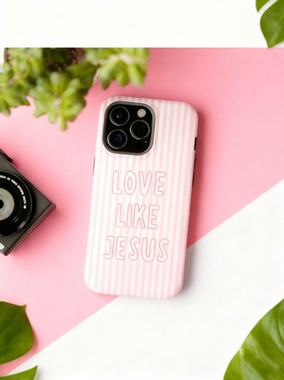 "Love Like Jesus" Christian Phone Case- Pink Stripe & Bible Verse Aesthetic For IPhone| Compatible With IPhone 17 16 15 14 13 12 11 8 7 X XR XS Durable, Shock-Absorbing, Luxury, Premium, Slim Fit
