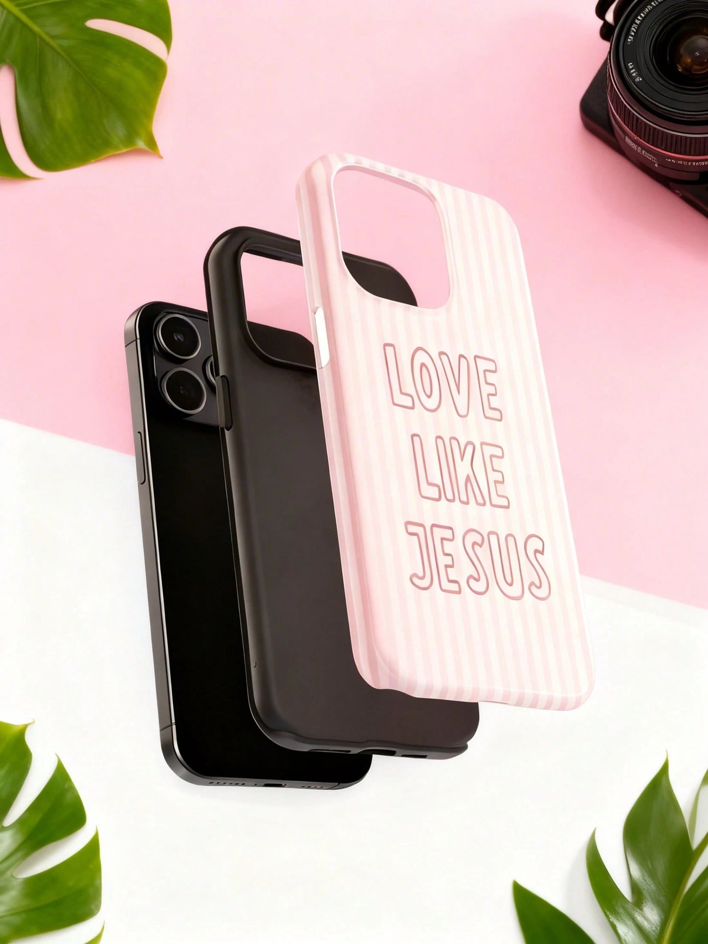 "Love Like Jesus" Christian Phone Case- Pink Stripe & Bible Verse Aesthetic For IPhone| Compatible With IPhone 17 16 15 14 13 12 11 8 7 X XR XS Durable, Shock-Absorbing, Luxury, Premium, Slim Fit