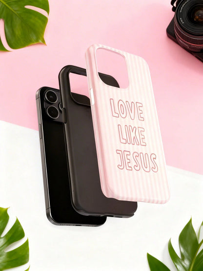 "Love Like Jesus" Christian Phone Case- Pink Stripe & Bible Verse Aesthetic For IPhone| Compatible With IPhone 17 16 15 14 13 12 11 8 7 X XR XS Durable, Shock-Absorbing, Luxury, Premium, Slim Fit