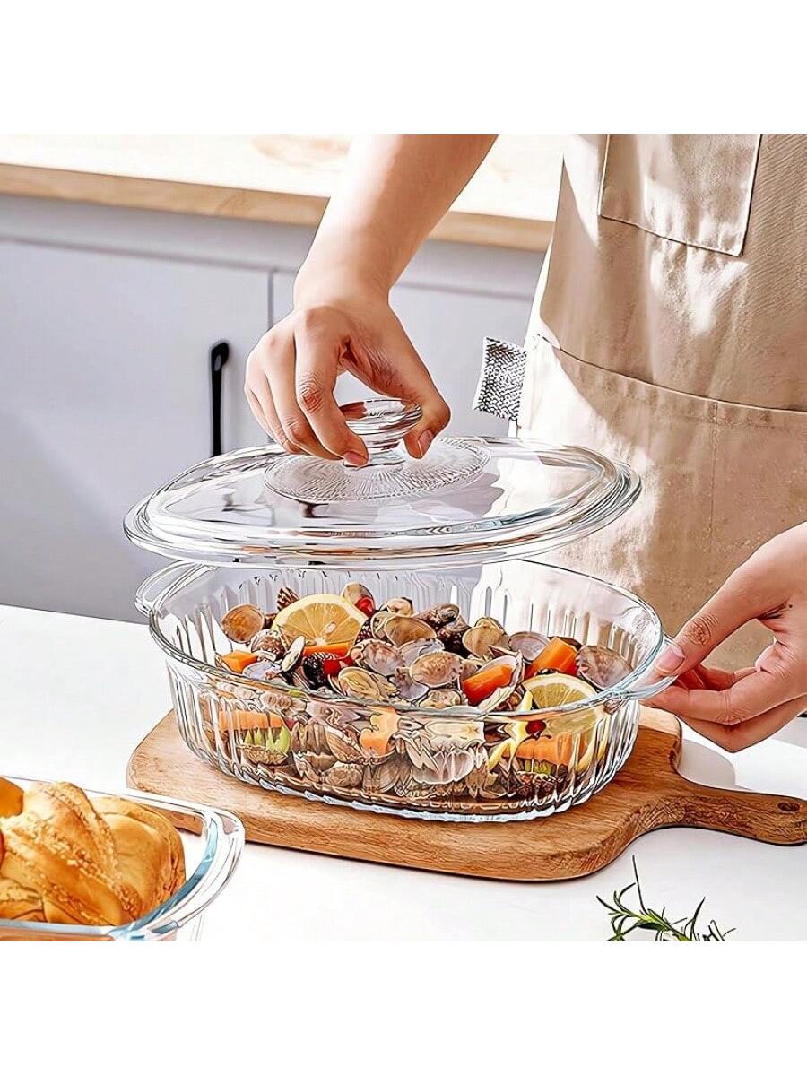 LOVEWE 1.9QT Borosilicate Glass Casserole Dish With Lid, Oven/Microwave- Bakeware (Sturdy Handles), Family Dinner Supplies, Christmas Party Supplies