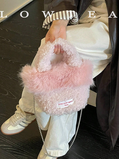 low tea 1pc Small Bucket Plush Fabric Handbag With Chain Strap, Suitable For Commuting, Shopping, Etc.