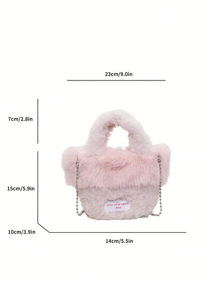 low tea 1pc Small Bucket Plush Fabric Handbag With Chain Strap, Suitable For Commuting, Shopping, Etc.