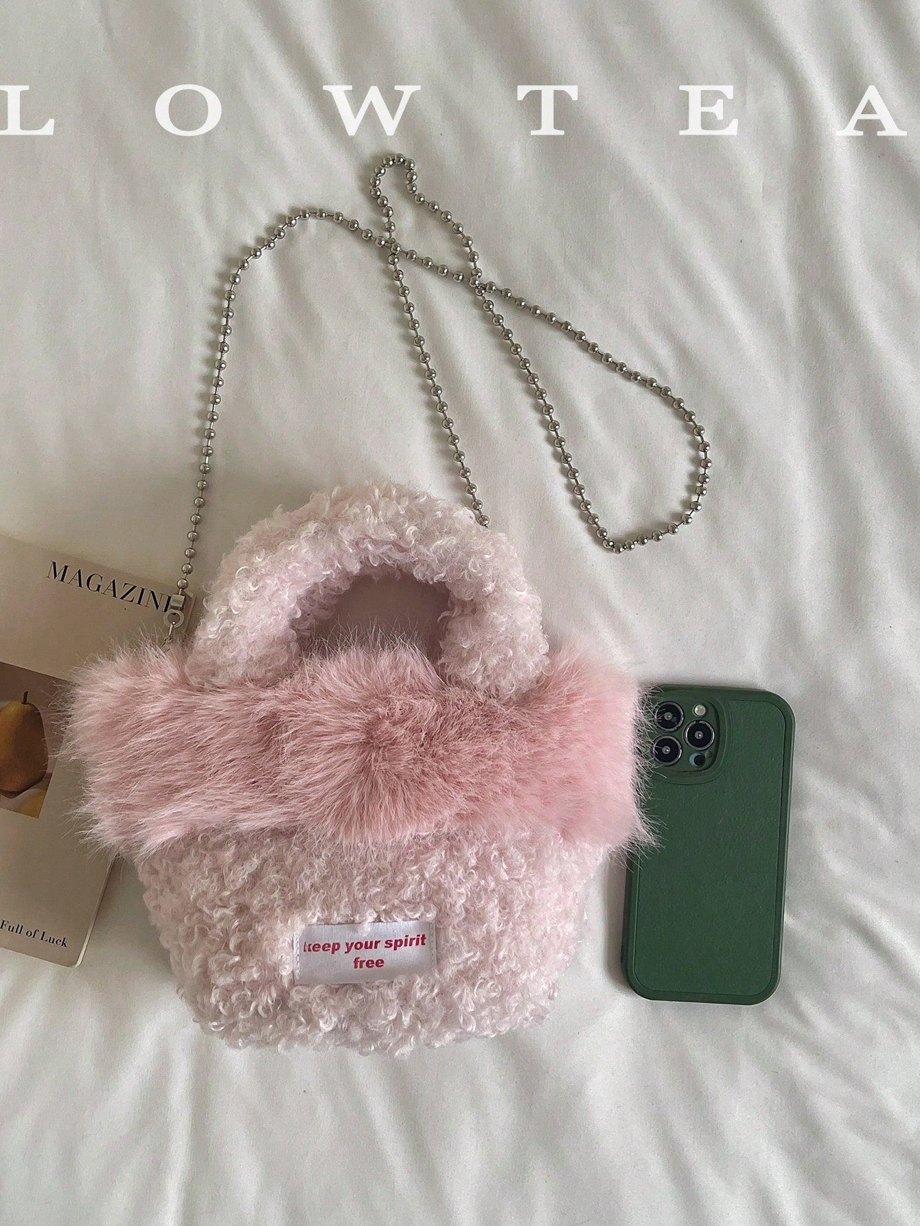 low tea 1pc Small Bucket Plush Fabric Handbag With Chain Strap, Suitable For Commuting, Shopping, Etc.