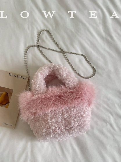 low tea 1pc Small Bucket Plush Fabric Handbag With Chain Strap, Suitable For Commuting, Shopping, Etc.