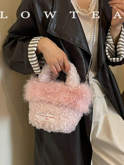 low tea 1pc Small Bucket Plush Fabric Handbag With Chain Strap, Suitable For Commuting, Shopping, Etc.