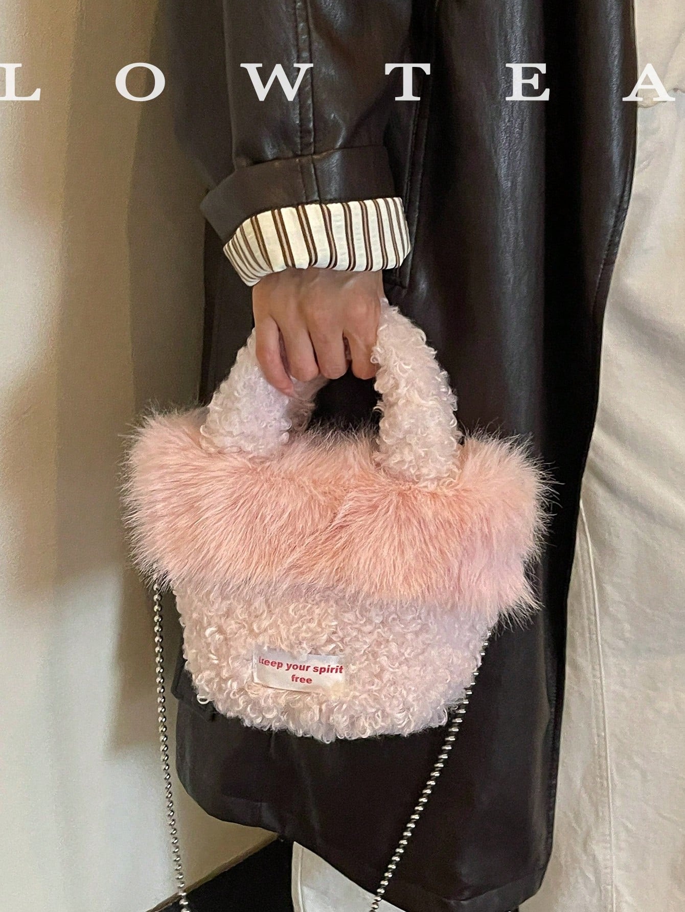 low tea 1pc Small Bucket Plush Fabric Handbag With Chain Strap, Suitable For Commuting, Shopping, Etc.