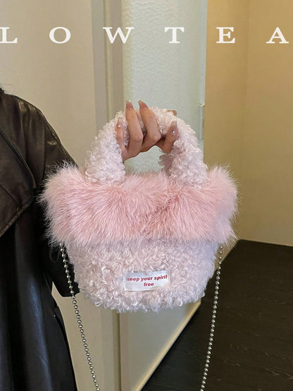 low tea 1pc Small Bucket Plush Fabric Handbag With Chain Strap, Suitable For Commuting, Shopping, Etc.