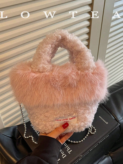 low tea 1pc Small Bucket Plush Fabric Handbag With Chain Strap, Suitable For Commuting, Shopping, Etc.