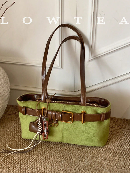 Low Tea 1pc Solid Color Frosted Suede Fabric Shoulder Bag Women's Vintage Fashion Square Bag Top Double Handle Design Zipper Closure Suitable For Travel, Shopping, Dating, Women's Gift, Perfect For Co