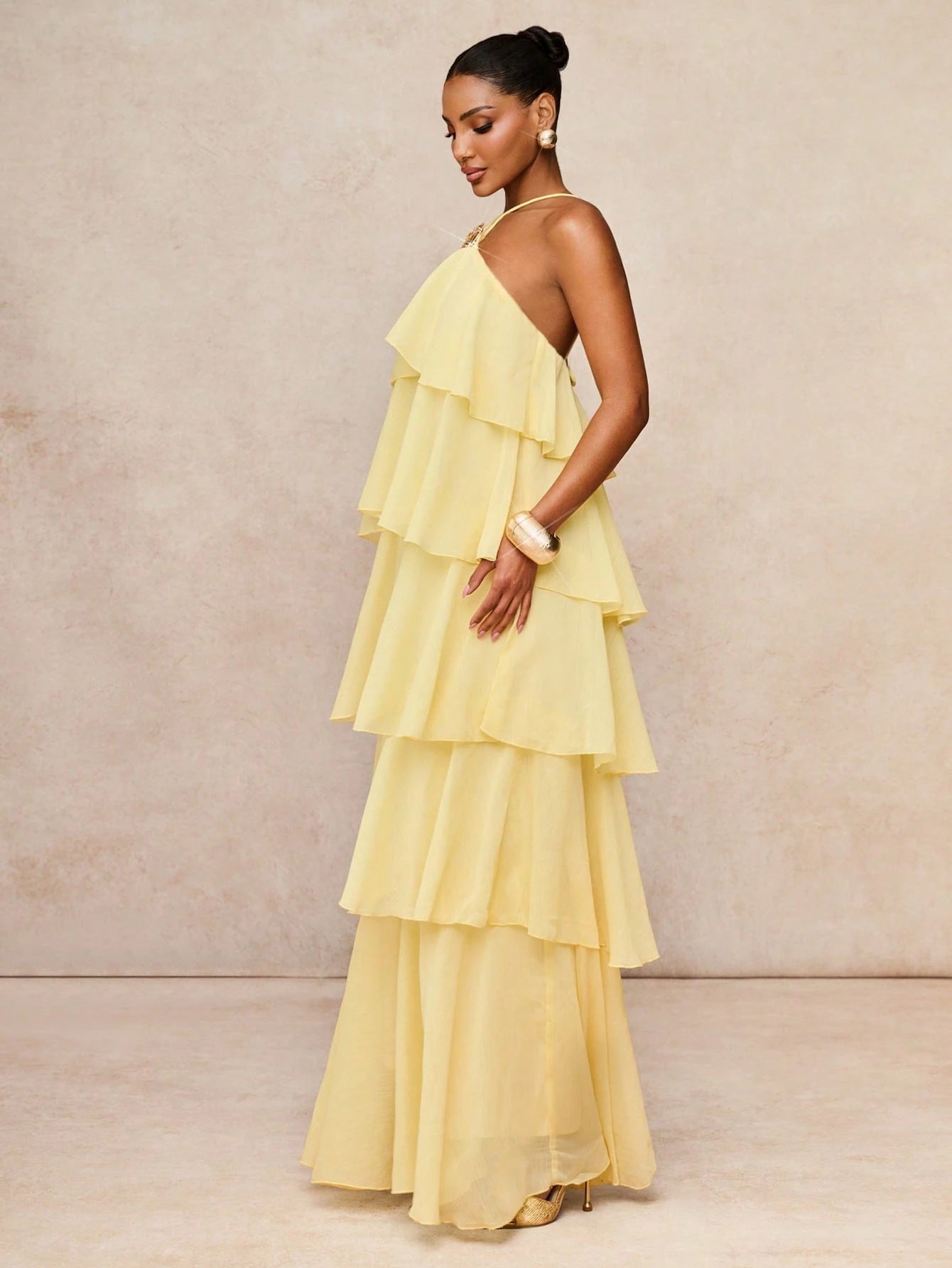 Lumalex Pale Yellow Tiered Chiffon Maxi Dress,Elegant Summer Holiday Vacation Halter Neck Open Back Ruffle Panel Flowy A-Line Resort Glam Wedding Guest Dress