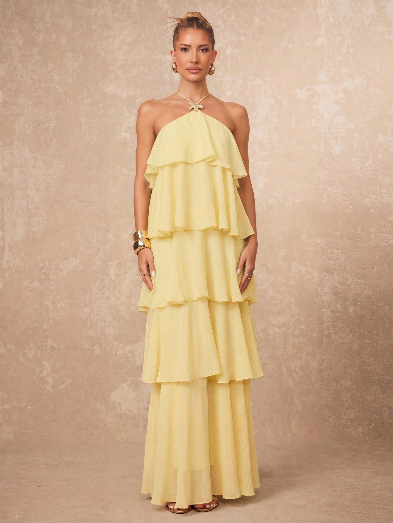Lumalex Pale Yellow Tiered Chiffon Maxi Dress,Elegant Summer Holiday Vacation Halter Neck Open Back Ruffle Panel Flowy A-Line Resort Glam Wedding Guest Dress