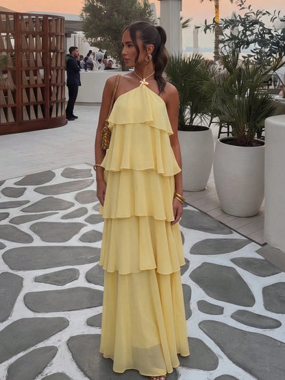 Lumalex Pale Yellow Tiered Chiffon Maxi Dress,Elegant Summer Holiday Vacation Halter Neck Open Back Ruffle Panel Flowy A-Line Resort Glam Wedding Guest Dress
