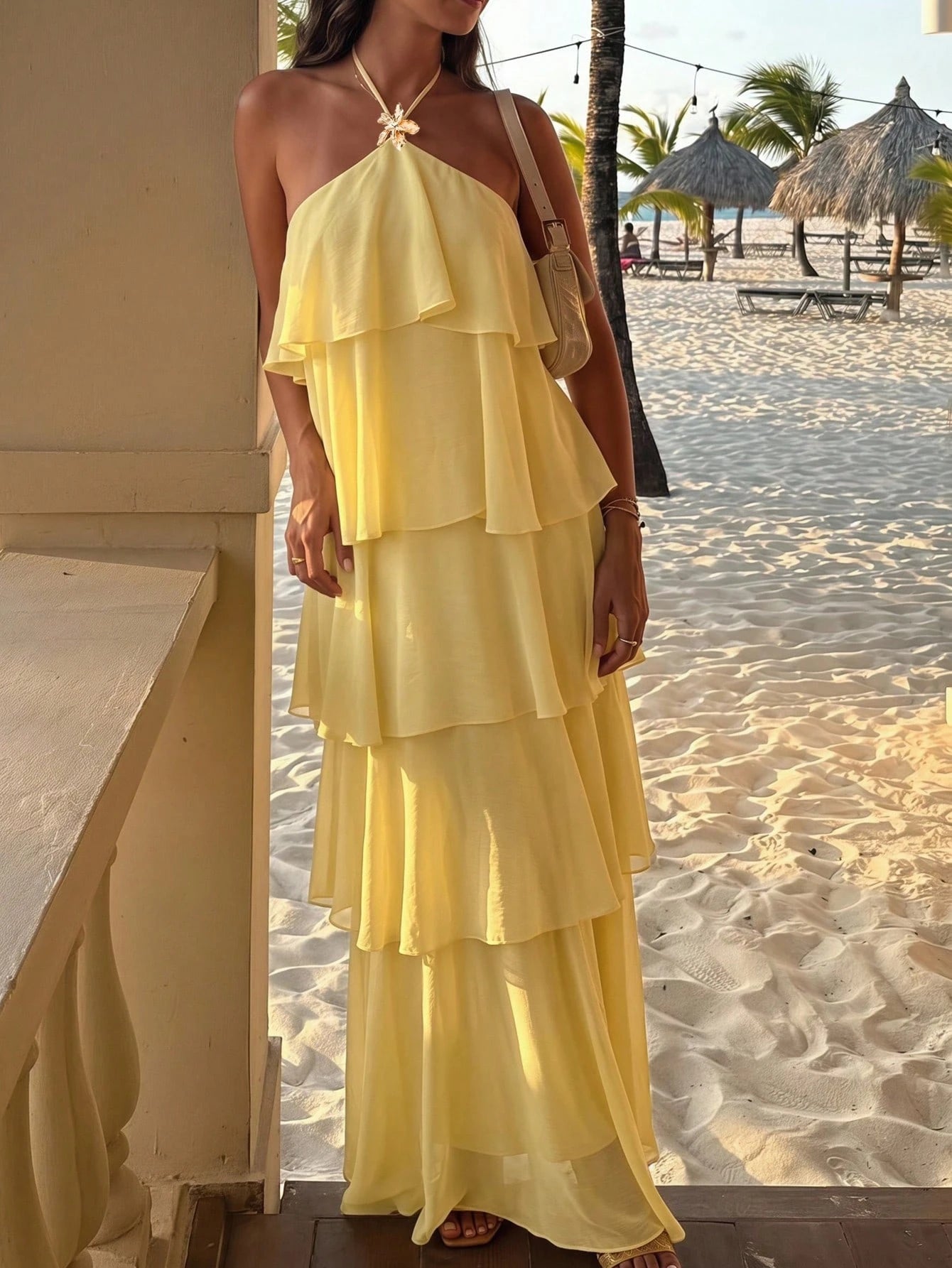 Lumalex Pale Yellow Tiered Chiffon Maxi Dress,Elegant Summer Holiday Vacation Halter Neck Open Back Ruffle Panel Flowy A-Line Resort Glam Wedding Guest Dress