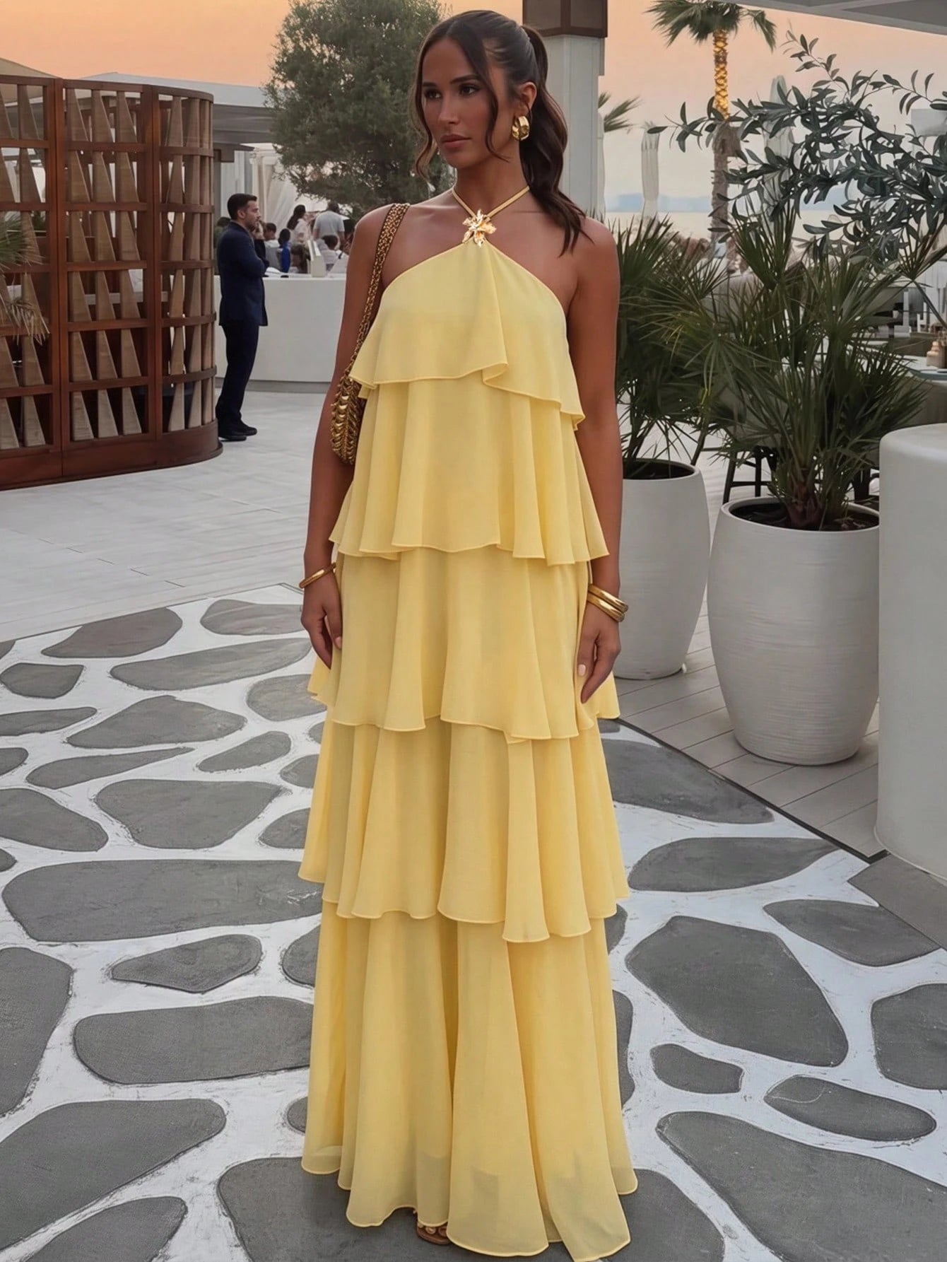Lumalex Pale Yellow Tiered Chiffon Maxi Dress,Elegant Summer Holiday Vacation Halter Neck Open Back Ruffle Panel Flowy A-Line Resort Glam Wedding Guest Dress