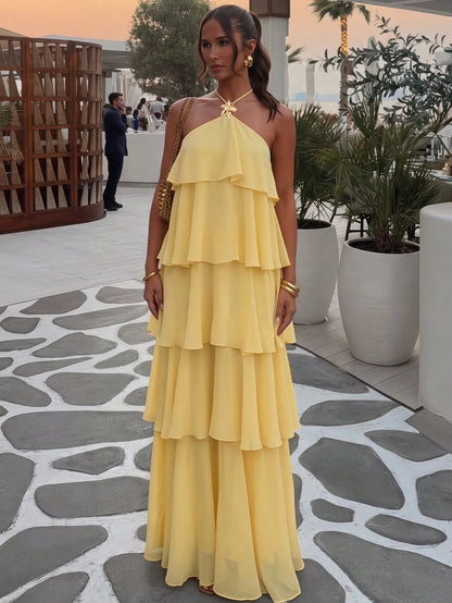 Lumalex Pale Yellow Tiered Chiffon Maxi Dress,Elegant Summer Holiday Vacation Halter Neck Open Back Ruffle Panel Flowy A-Line Resort Glam Wedding Guest Dress