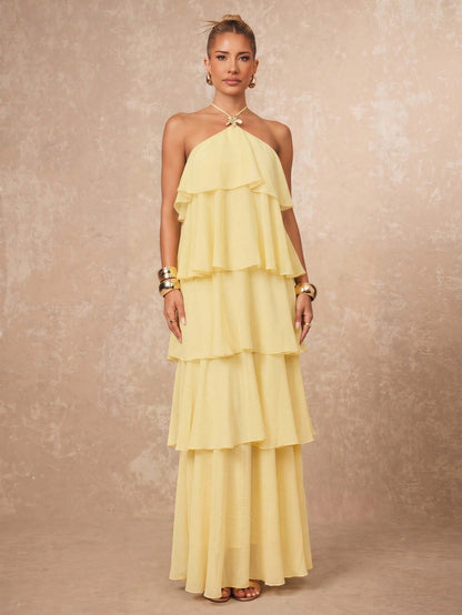 Lumalex Pale Yellow Tiered Chiffon Maxi Dress,Elegant Summer Holiday Vacation Halter Neck Open Back Ruffle Panel Flowy A-Line Resort Glam Wedding Guest Dress