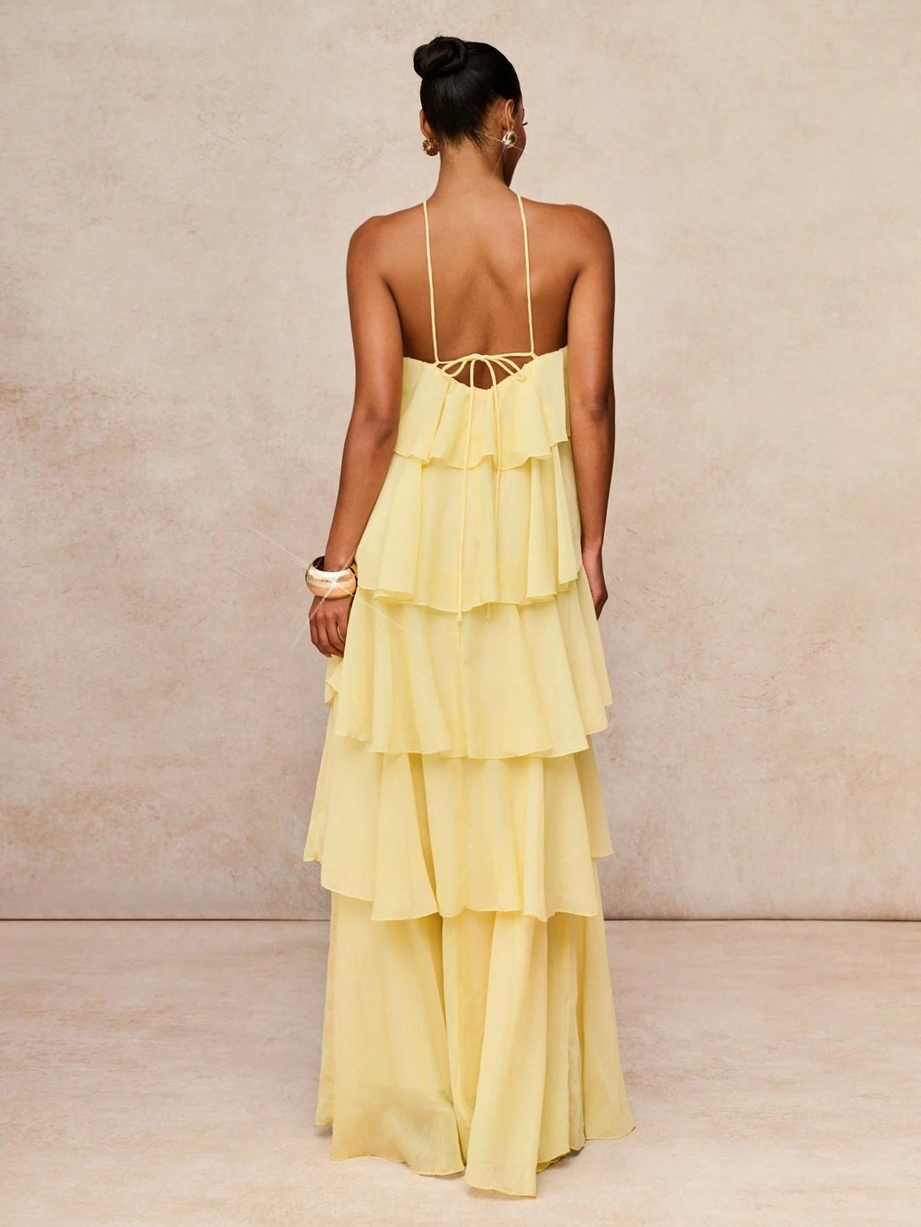 Lumalex Pale Yellow Tiered Chiffon Maxi Dress,Elegant Summer Holiday Vacation Halter Neck Open Back Ruffle Panel Flowy A-Line Resort Glam Wedding Guest Dress