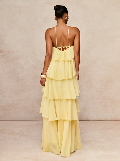 Lumalex Pale Yellow Tiered Chiffon Maxi Dress,Elegant Summer Holiday Vacation Halter Neck Open Back Ruffle Panel Flowy A-Line Resort Glam Wedding Guest Dress