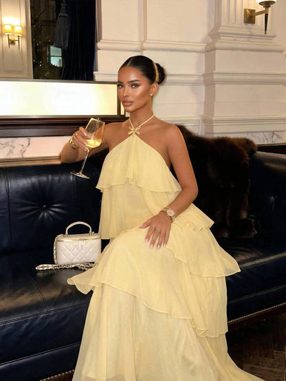 Lumalex Pale Yellow Tiered Chiffon Maxi Dress,Elegant Summer Holiday Vacation Halter Neck Open Back Ruffle Panel Flowy A-Line Resort Glam Wedding Guest Dress