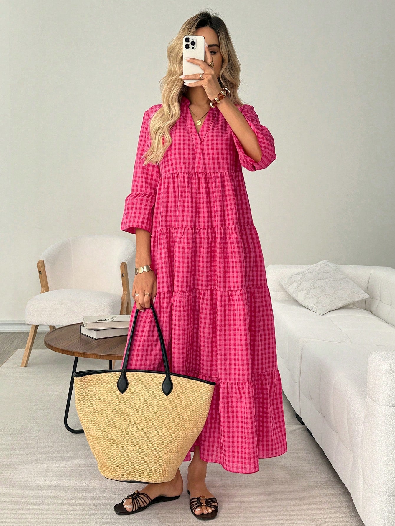 LUNE Casual Boho Women's Autumn Vacation Plaid Beach Picnic Dress Pink Plaid Gingham Clothes Outfits Holiday